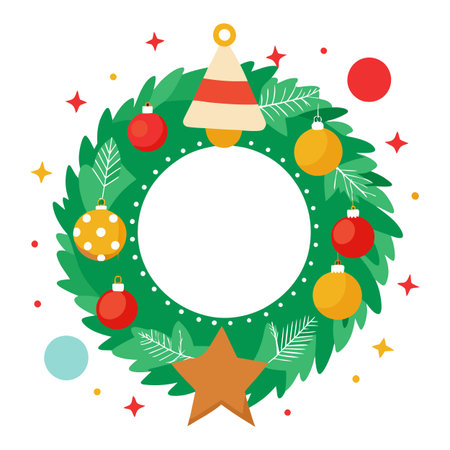 Pine tree wreath with Christmas decorations and square blank space in middle. AI generated. Vector iconのイラスト素材