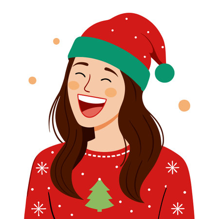 Pretty woman laughing on the street with ornaments red christmas sweater and hat. AI generated. Vector iconのイラスト素材