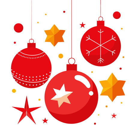 Red christmas background with balls. bauble. stars. copt space for text. AI generated. Vector iconのイラスト素材