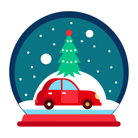 Red car snow globe with a Christmas tree on the roof. Illustration.のイラスト素材
