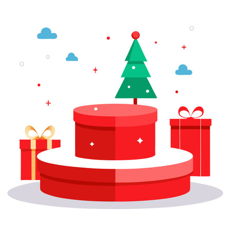 Red christmas podium mockup for product. winter christmas red background with tree xmas.のイラスト素材