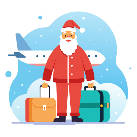 Santa Claus near the plane with suitcases in snowy weather. AI generated. Vector iconのイラスト素材