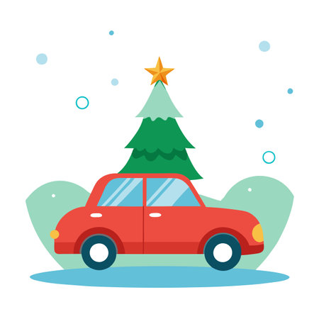 Retro toy car with a Christmas tree on the roof. Christmas background. holiday card. . AI generated. Vector iconのイラスト素材