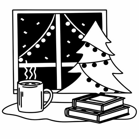 Cozy Winter Scene with a Mug of Hot Drink, Books, and a Christmas Tree. AI generated. Vector iconのイラスト素材