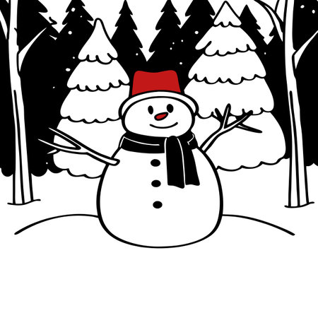 A smiling snowman stands in a snowy forest, wearing a red hat and scarf. AI generated. Vector iconのイラスト素材