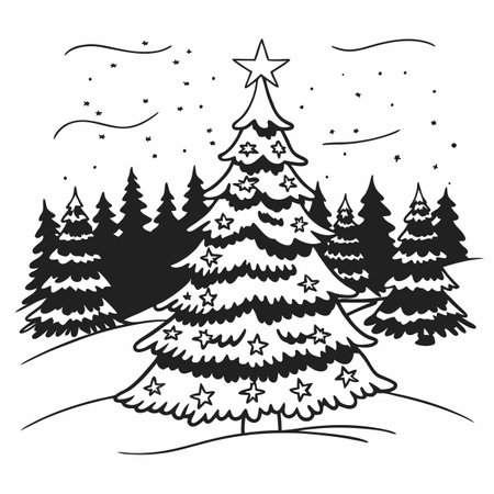 A glowing Christmas tree stands tall in a snowy forest on a winter night. AI generated. Vector iconのイラスト素材