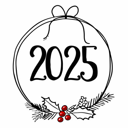 Golden 2025 numbers appearing on Christmas wreath with blurry background. AI generated. Vector iconのイラスト素材