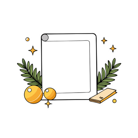 A blank card sits on a table with golden ornaments and pine branches nearby. AI generated. Vector iconのイラスト素材