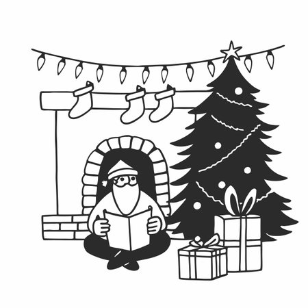 Santa Claus Reading a Letter by the Christmas Tree with a Festive Atmosphere. AI generated. Vector iconのイラスト素材