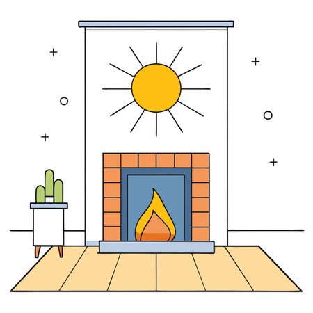 Cozy room with a warm fireplace and sunlight rays streaming through a window.. AI generated. Vector iconのイラスト素材