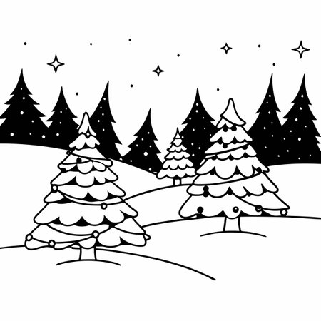 Snow-covered landscape with illuminated Christmas trees on a starlit night. AI generated. Vector iconのイラスト素材