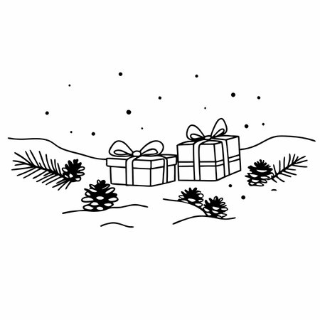 Wrapped gifts sit in the snow with pine branches and pine cones around them. AI generated. Vector iconのイラスト素材