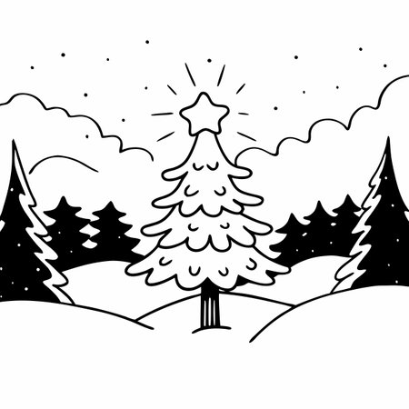 A glowing Christmas tree stands out in a snowy forest on a foggy winter night. AI generated. Vector iconのイラスト素材
