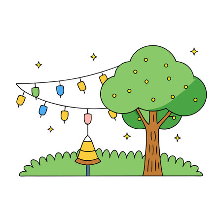 Decorative outdoor string lights hanging on tree in the garden at night time. AI generated. Vector iconのイラスト素材