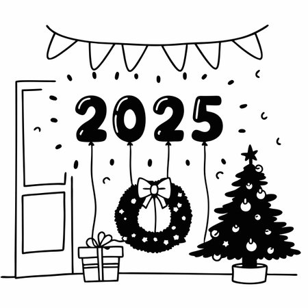 Golden balloons displaying 2025 near christmas decorations in a festive setting. AI generated. Vector iconのイラスト素材