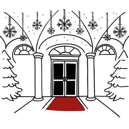 A festive entrance to a building with a red carpet and snow covered decorations.. AI generated. Vector iconのイラスト素材