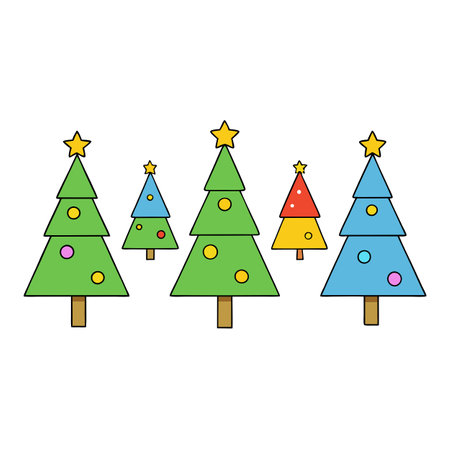 Five colorful Christmas trees are arranged in a row against a white background. AI generated. Vector iconのイラスト素材