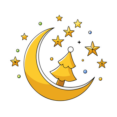 New Year and Christmas magic scene. Golden new moon with golden stars around it. AI generated. Vector iconのイラスト素材