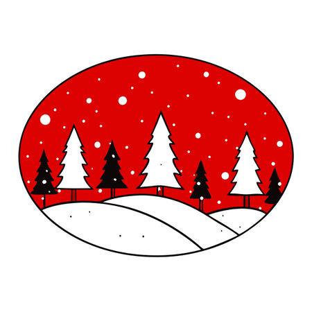 Snow falls on a snowy landscape with pine trees silhouetted against a red sky. AI generated. Vector iconのイラスト素材