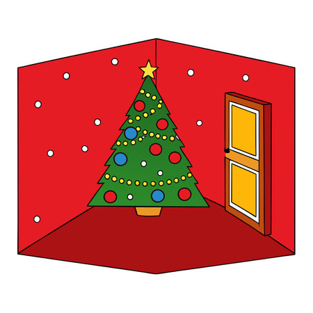 A decorated Christmas tree stands in a room with red walls and a wreath. AI generated. Vector iconのイラスト素材