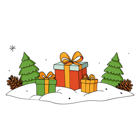 Wrapped gifts sit on a snowy surface surrounded by pine branches and pine cones. AI generated. Vector iconのイラスト素材