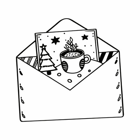 Christmas Envelope with Hot Cocoa and Decorations - Warm Holiday Greeting Scene. AI generated. Vector iconのイラスト素材