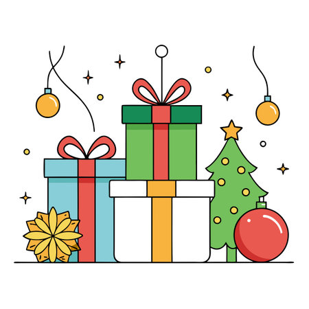 A festive arrangement of gifts and ornaments, creating a warm holiday atmosphere.. AI generated. Vector iconのイラスト素材
