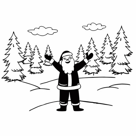Santa Claus stands in a snowy forest with his arms outstretched, smiling happily. AI generated. Vector iconのイラスト素材