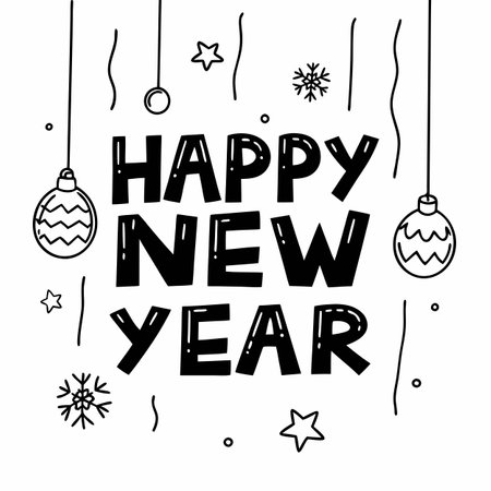 Golden happy new year lettering surrounded by christmas ornaments is gently moving. AI generated. Vector iconのイラスト素材