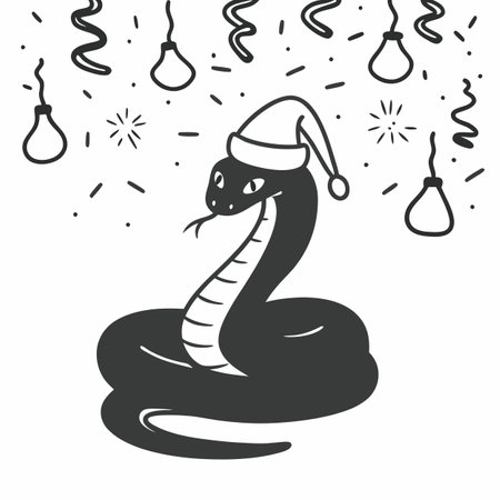 On New Year's background, close-up of green snake in Christmas hat of Santa Claus. AI generated. Vector iconのイラスト素材