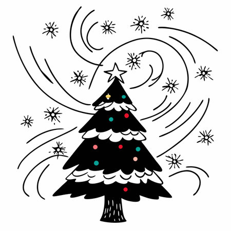 An animation of a colorful cosmic christmas tree with snow fakes and swirling stars.. AI generated. Vector iconのイラスト素材