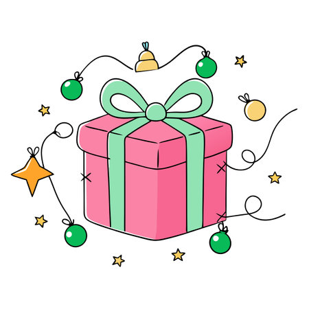 Wrapped Gift Box with Pink Ribbon Surrounded by Christmas Decorations Fairy Lights. AI generated. Vector iconのイラスト素材