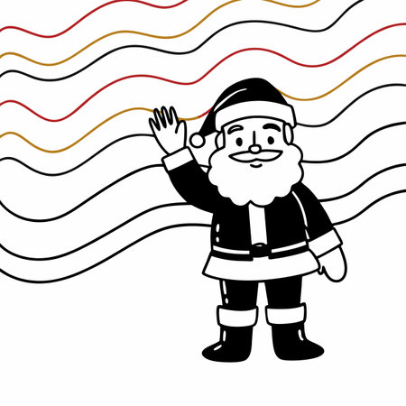 Cheerful Santa Claus waving with a friendly expression against a colorful wavy background. AI generated. Vector iconのイラスト素材