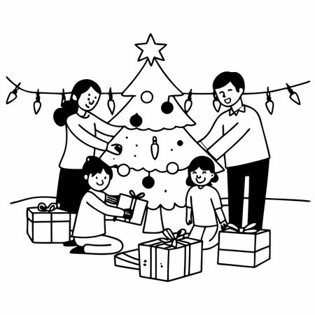 Family in Christmas day opening presents together. Cheerful family on Christmas Day. AI generated. Vector iconのイラスト素材