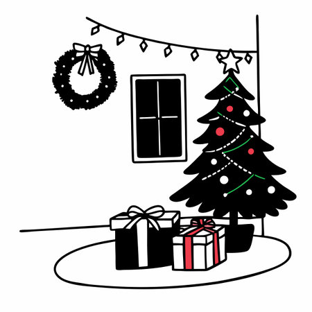 A red and green Christmas scene with presents, a tree, and a wreath on a burgundy wall. AI generated. Vector iconのイラスト素材