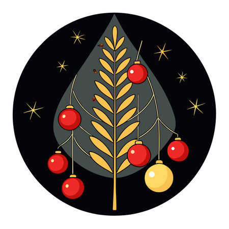 Branches of a Christmas tree with golden and red balls on a black background with bokeh. AI generated. Vector iconのイラスト素材