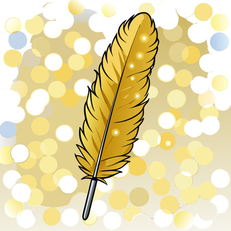 A close-up of a fluffy, gold-trimmed feather branch with a background of bokeh lights. AI generated. Vector iconのイラスト素材