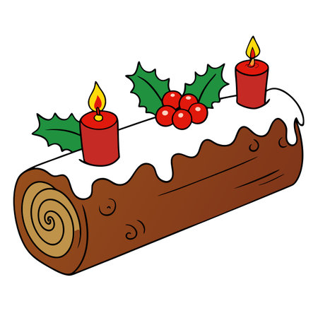 Traditional Christmas yule log cake decorated with holly, candles, and festive ornaments.. AI generated. Vector iconのイラスト素材