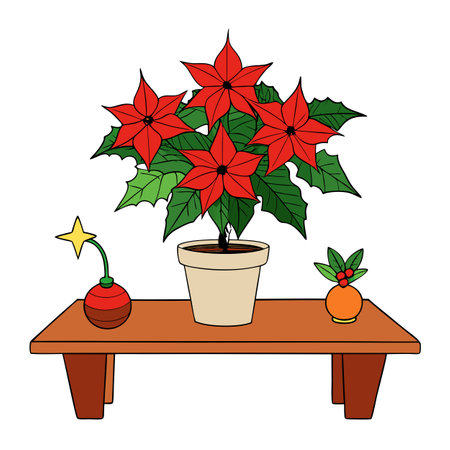 Beautifully arranged poinsettia plant on a wooden table with Christmas decorations. video. AI generated. Vector iconのイラスト素材