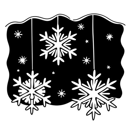 Large and small snow snowflakes winter holiday christmas against with black png background. AI generated. Vector iconのイラスト素材