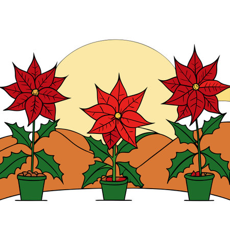 Poinsettia plants in a garden glowing softly at sunset during the festive holiday season. AI generated. Vector iconのイラスト素材