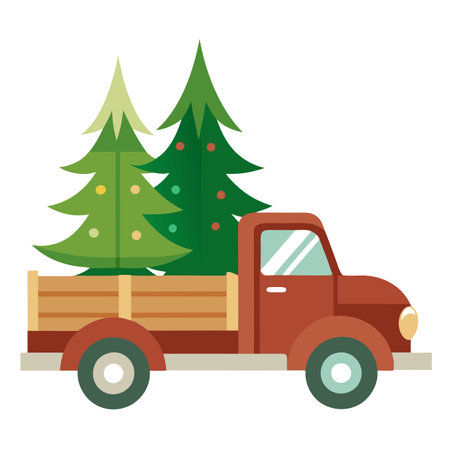 Vintage truck delivering christmas trees vintage illustration isolated on a transparent background. . AI generated. Vector iconのイラスト素材