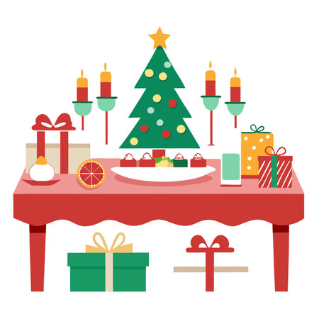 Table set for a party. christmas table. christmas decoration. christmas table setting. AI generated. Vector iconのイラスト素材