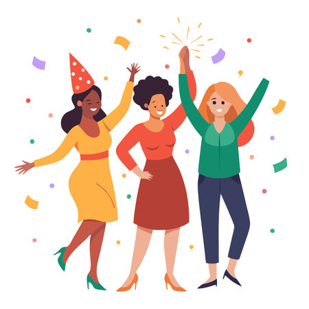 Three women celebrating Christmas with sparkling confetti. looking sophisticated and trendy. . AI generated. Vector iconのイラスト素材