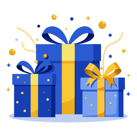 Three Christmas blue gift boxes with gold bows and confetti.. AI generated. Vector iconのイラスト素材