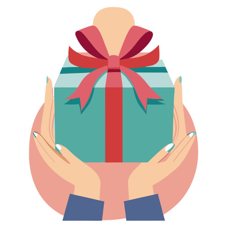 Top view of woman hands holding gift box wrapped and decorated with satin ribbon with copy space. AI generated. Vector iconのイラスト素材