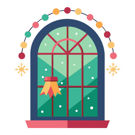 Vintage window with Christmas decorations. lights. snowflakes. winter.. AI generated. Vector iconのイラスト素材