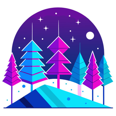 Winter wonderland with neon geometry Christmas trees. art. AI generated. Vector iconのイラスト素材