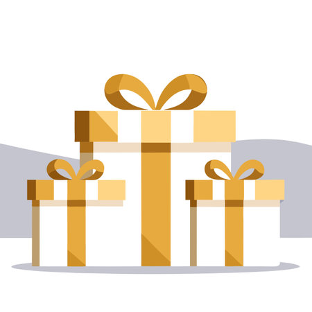 White & gold Christmas presents on empty table with blurred bokeh lights. AI generated. Vector iconのイラスト素材