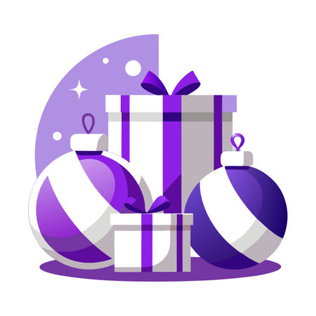 White and purple Christmas balls and Christmas gift boxes. AI generated. Vector iconのイラスト素材